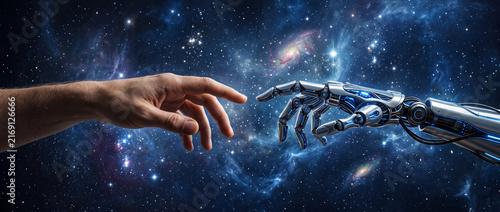 Main humaine touchant du bout des doigts une main robotique dans l'espace