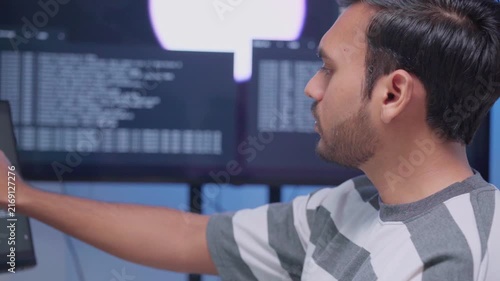 Software engineer wearing casual clothing typing on keyboard desktop computer information AI, management cybersecurity or coding software development. Programmer adult working artificial intelligence