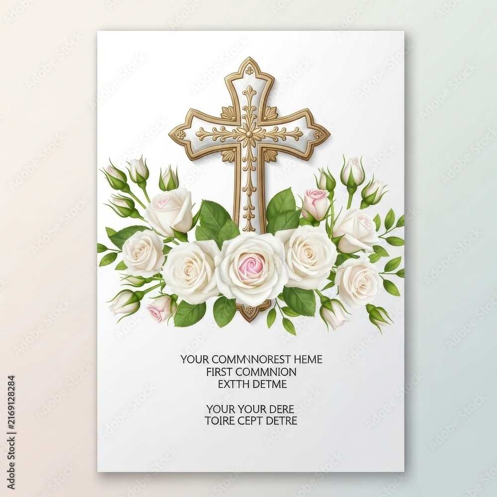 Fototapeta premium Elegant Gold Cross with White Roses First Communion Card.