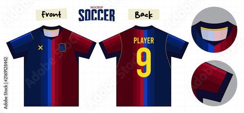 Round neck soccer jersey or football kit mockup template design. Editable stroke and easy to replace pattern. Front view, back view sport uniform design. 