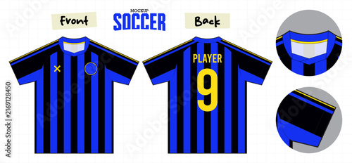 Round neck soccer jersey or football kit mockup template design. Editable stroke and easy to replace pattern. Front view, back view sport uniform design. 