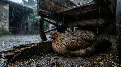 Poule de ferme se protégeant sous une charrette en bois pendant une forte averse