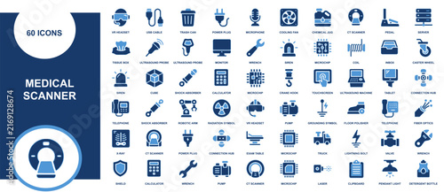 Comprehensive set of sixty blue medical equipment scanner and diagnostic technology icons for healthcare interface design