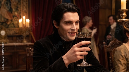 Pale man in historical attire holding wine glass at gothic banquet.