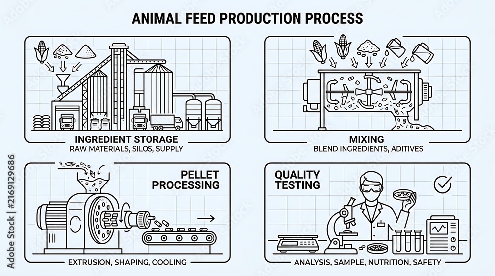 Fototapeta premium Infographic illustration showing the complete step-by-step industrial animal feed manufacturing process