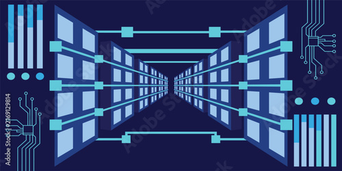 Abstract data server center room with AI cloud internet network, glowing rack systems and digital tech environment, futuristic computer background with flowing data connections and blue light. Vector