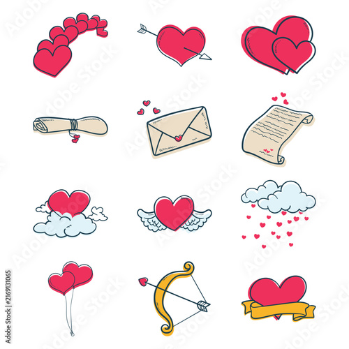 Romantic Love Heart and Valentine Doodle Illustration Set