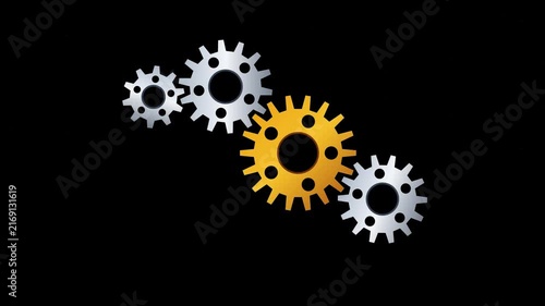 Animated Interlocking Industrial Gears Mechanism on Black Background