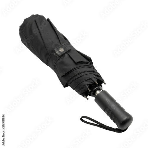 Closed black umbrella with handle and wrist strap