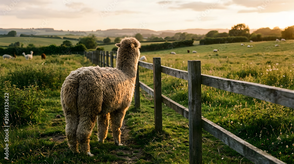 Naklejka premium Alpaca standing in a serene rural landscape at sunset