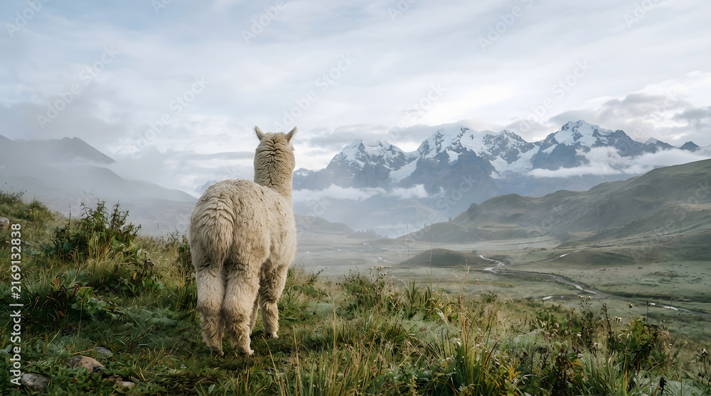 Obraz premium Alpaca standing in misty mountain landscape with cloudy sky