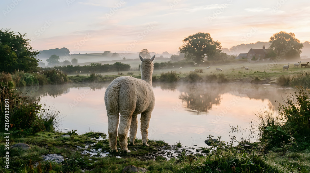 Obraz premium Alpaca standing by a tranquil lake at sunrise in rural landscape