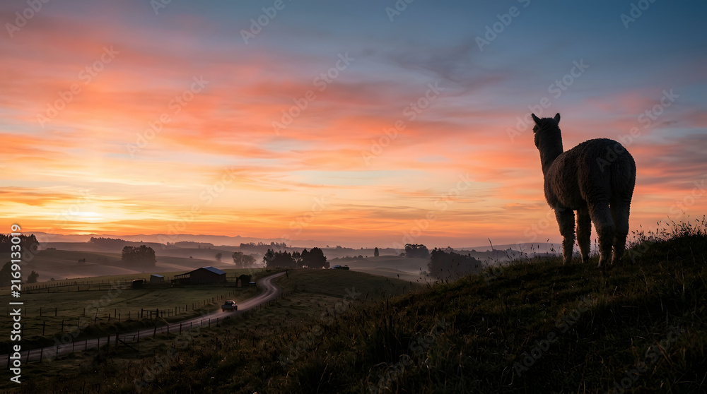 Obraz premium Silhouette of a llama at sunrise in a peaceful rural landscape