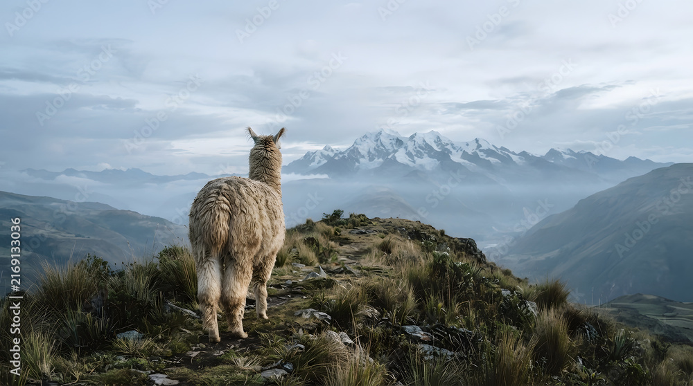 Naklejka premium Llama standing on mountain ridge overlooking misty Andean peaks
