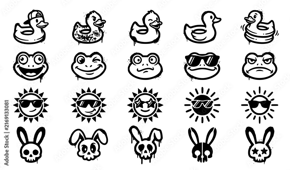 Obraz premium Graffiti street icon set with duck float, frog face, sunglasses sun and skull bunny spray paint character symbols
