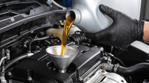 Mechanic in black gloves pouring engine oil through a funnel into a car engine during an oil change service