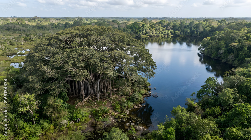 Fototapeta premium Aerial view of lush tropical rainforest with serene river landscape