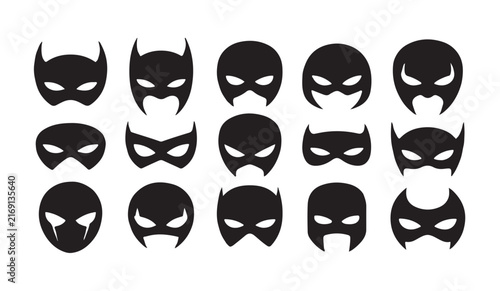 Supervillain and hero mask black silhouettes collection for cosplay costumes masquerade party and comics.