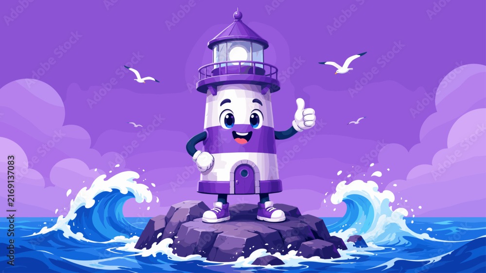 Naklejka premium Cartoon lighthouse character giving a thumbs up on a rocky island