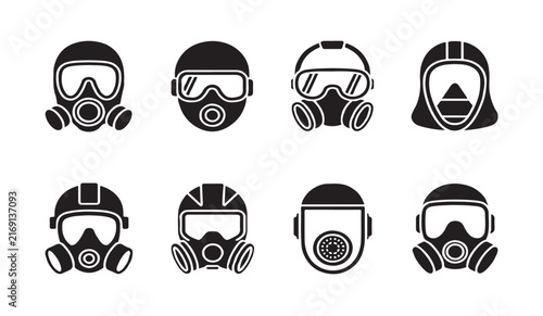 Black industrial gas mask and respirator vector icon set for air protection equipment.
