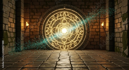 Ancient stone chamber reveals a glowing mystical portal with intricate golden runes and magical energy