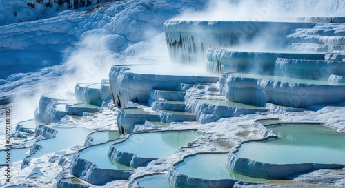 Steaming turquoise pools cascading down white terraces of pamukkale turkey