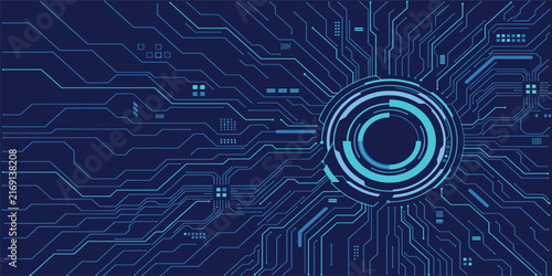 Futuristic circular portal with luminous circuit patterns radiating on digital tech backdrop. Blue neon frame featuring HUD interface, cyber elements, and electronic board aesthetics. Digital vector