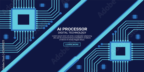 CPU with Light Glowing Neon Frame on Circuit Board. Technology Semiconductor on Blue Background. Empty AI Chip. Digital Tech Bg. Big Data and Artificial Intelligence Concept. Vector Illustration.