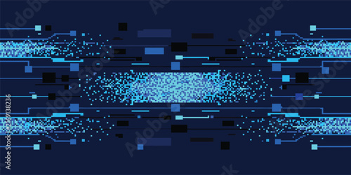 Abstract Data Flow concept with glowing neon pixel on technology blue background. Futuristic tech backdrop. AI innovation and Digital. Big data stream. Vector illustration.