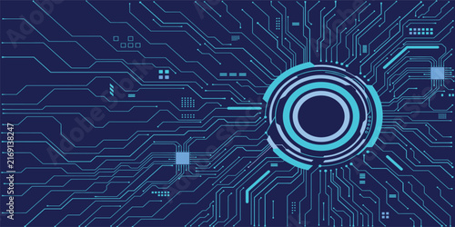 Futuristic circular portal with luminous circuit patterns radiating on digital tech backdrop. Blue neon frame featuring HUD interface, cyber elements, and electronic board aesthetics. Digital vector