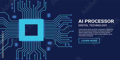 CPU with Light Glowing Neon Frame on Circuit Board. Technology Semiconductor on Blue Background. Empty AI Chip. Digital Tech Bg. Big Data and Artificial Intelligence Concept. Vector Illustration.