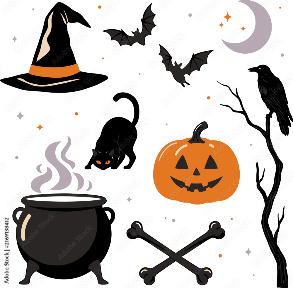 Fototapeta premium Set of traditional halloween symbols including pumpkin and witch hat and black cat for designs