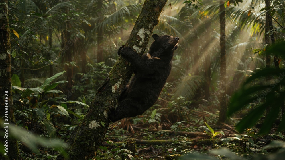 Fototapeta premium A sunlit dense jungle with lush greenery as a sun bear climbs a tree trunk.