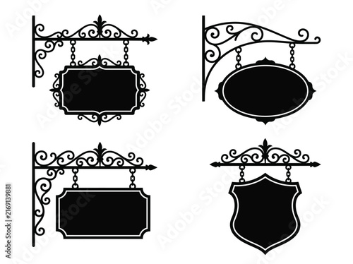 Traditional wrought iron hanging signs silhouette collection isolated