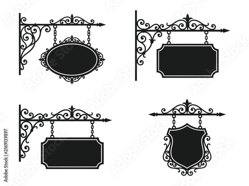 Various ornate wrought iron hanging sign silhouettes with vintage sign