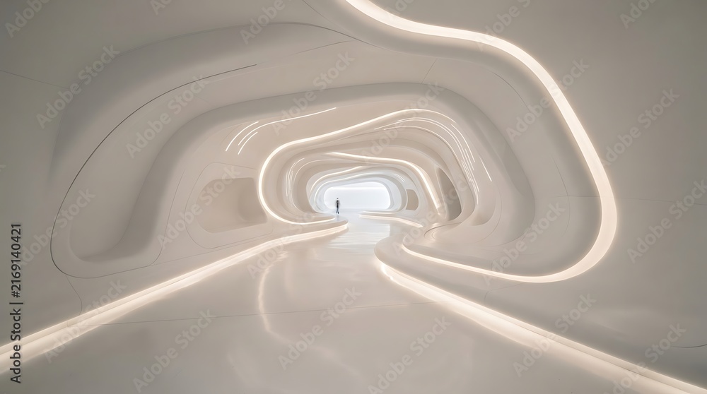Naklejka premium White 3D maze tunnel with glowing center for futuristic navigation and virtual reality design