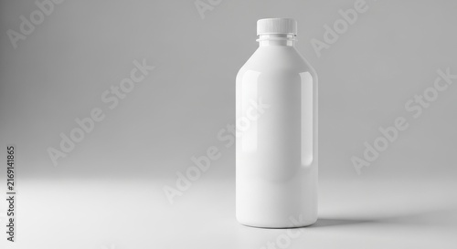 Empty white plastic bottle with handle on light background.