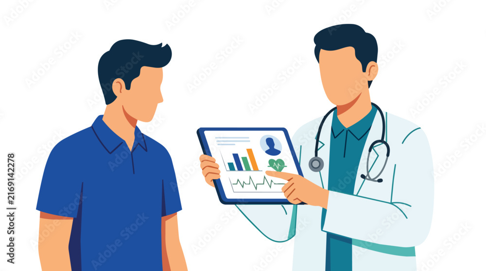 Fototapeta premium Healthcare professional explaining digital medical reports to patient flat vector illustration for clinic consultation services