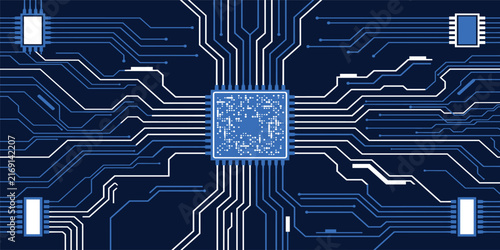 Advanced circuit board with semiconductor chip creating futuristic microchip design. Glowing pathways extend from central processor, forming intricate digital patterns against white backdrop.
