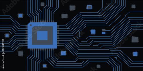 Advanced circuit board with semiconductor chip creating futuristic microchip design. Glowing pathways extend from central processor, forming intricate digital patterns against white backdrop.