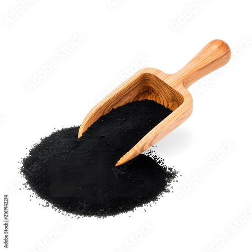 Black Powder with Wooden Scoop Isolated on White Background