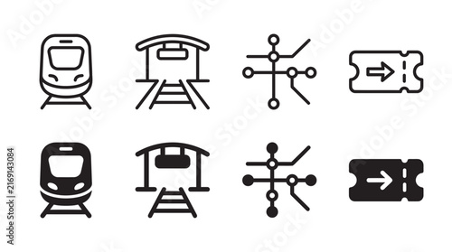 Vector icon set featuring trains railway stations route maps travel tickets transport transportation locomotive