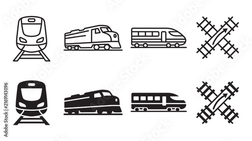 Set of modern train locomotive high speed rail railroad crossing line and glyph vector icons with locomotive