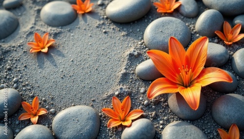Smooth gray pebbles, vibrant orange lilies scattered on gray sand , seashore, texture, harmony