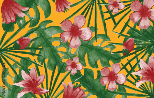Colorful floral pattern with pink flowers and green leaves isolated on transparent background