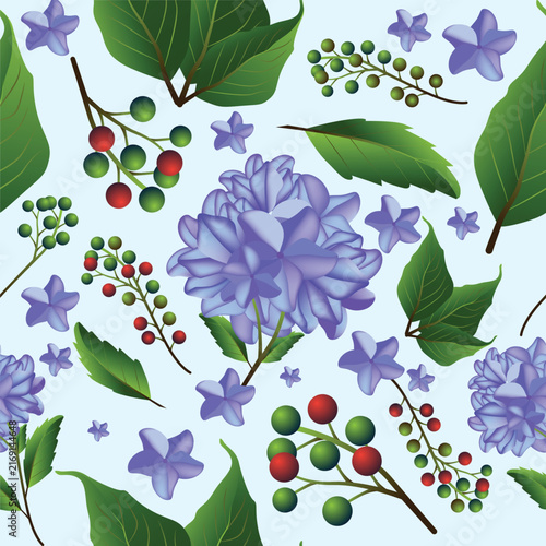 Beautiful purple lilac flowers with green leaves and berries isolated on transparent background