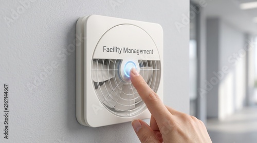 Facility Management Device, Touch Screen Control, Finger Pressing Button, Smart Building Sensor, Modern Office Automation Dashboard, Corporate Cleaning Tech