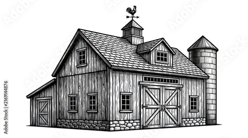 Old wooden barn with silo and weathervane illustration