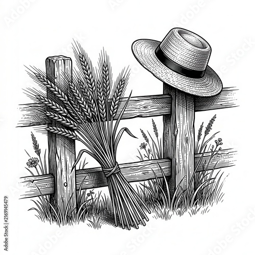 Old-style straw hat leaning on rustic wooden fence with wheat