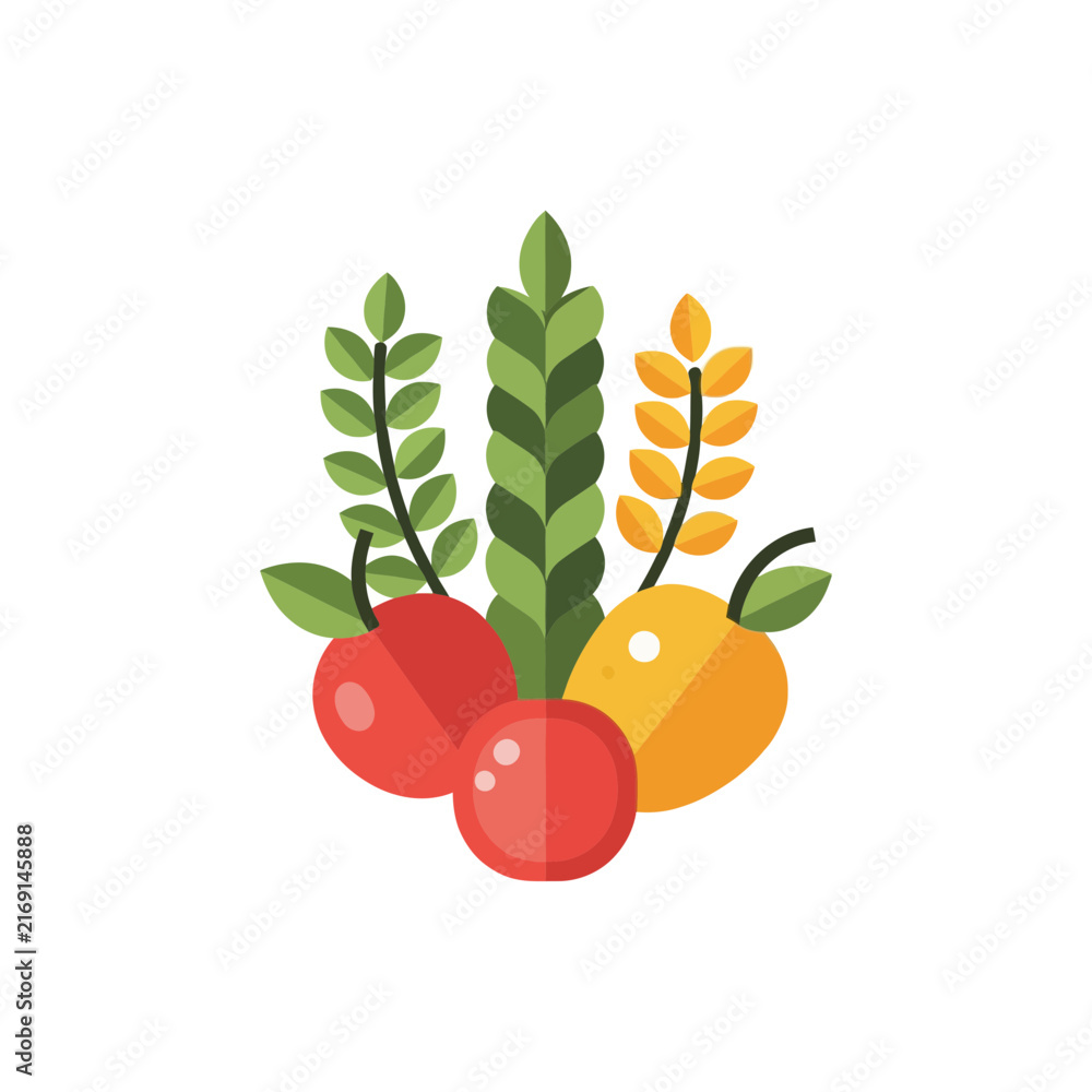 Obraz premium Stylized Flat Vector Graphic of Organic Apples Oranges and Wheat Stalks